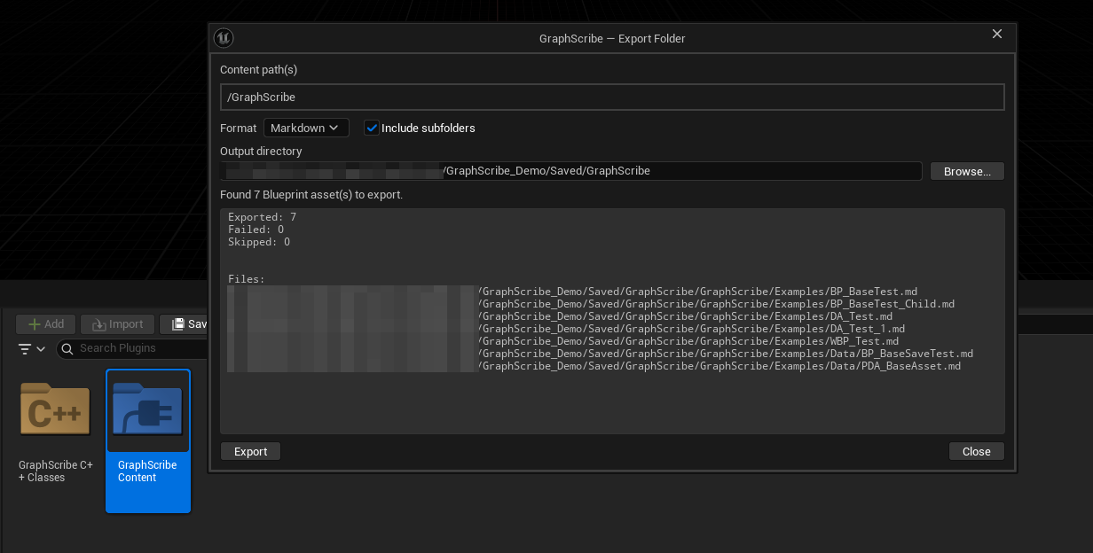 The batch export dialog with a completed export log