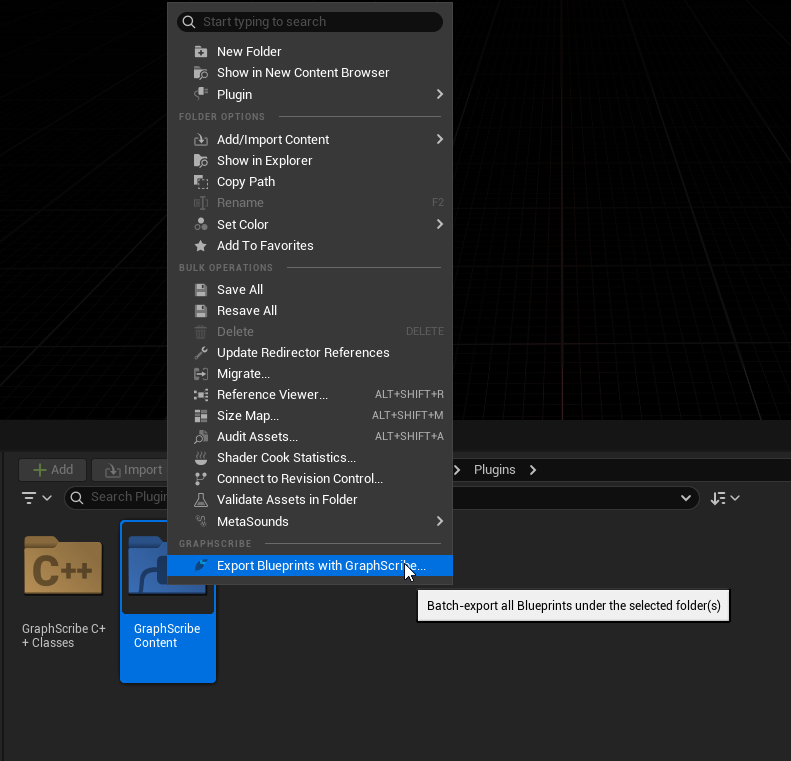 Content Browser context menu with the GraphScribe export entries