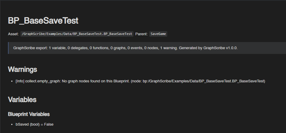 The Warnings and Variables sections of a Markdown export