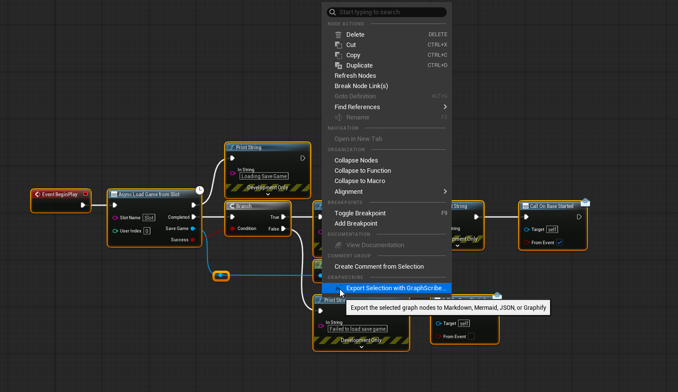 Selected nodes and the Export Selection context menu entry